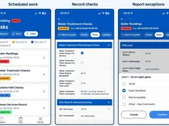 Three Mobilog mobile screens for scheduled tasks, water-treatment checks, and reporting a boiler-reading exception.