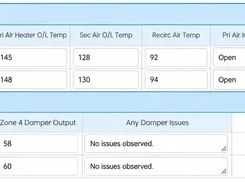 Close-up of an Opralog combustion-air form with temperature, damper-output, and issue-observation fields.