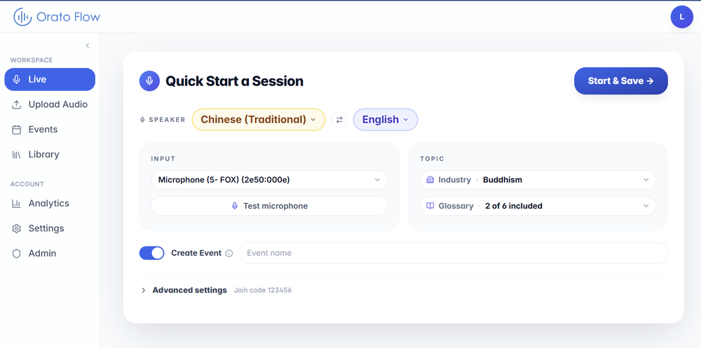 Quick start a live translation session