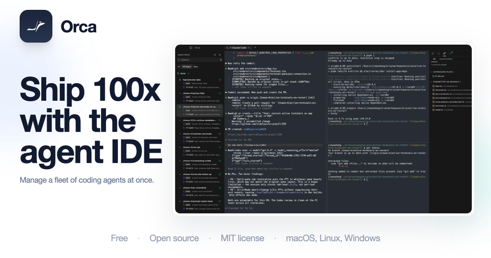 Orca promotional graphic showing the Orca logo, the text “Ship 100x with the agent IDE,” and a dark multi-pane coding-agent interface.