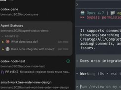 Close-up of Orca’s dark worktree sidebar and terminal panes, with an expanded “Agent Statuses” worktree showing two agent conversations.