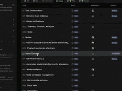 Dark Orca interface with a worktree sidebar and a central issue tracker table; the “Agent Statuses” worktree is selected.