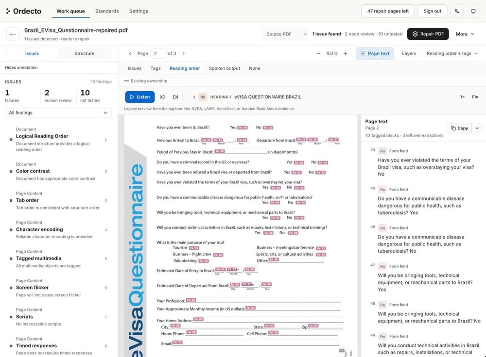 Ordecto work-queue interface showing accessibility findings, reading order, and page text for a Brazil eVisa questionnaire PDF.