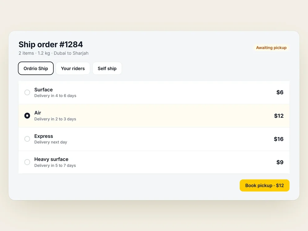 Ship-order screen for order 1284 with Ordrio Ship, rider, and self-ship tabs plus four delivery-service options and prices.