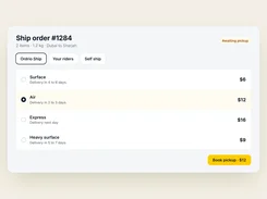 Ship-order screen for order 1284 with Ordrio Ship, rider, and self-ship tabs plus four delivery-service options and prices.