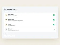 Delivery-partner settings screen with toggles for an in-house fleet, Ordrio Ship, Vayu, and self-shipping.