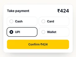 Payment dialog for ₹424 with Cash, Card, UPI, and Wallet options; UPI is selected.