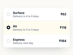 Shipping-service selector listing Surface, Air, and Express delivery times and prices, with Air selected.