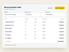 New purchase-order screen listing a supplier, delivery date, stock levels, order quantities, item costs, and a $1,498 total.