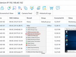 OsMonitor Central Management Console: A comprehensive, on-premise PC monitoring dashboard demonstrating real-time employee computer tracking and active Remote Desktop control. The main console provides IT administrators with complete visibility into all connected workstations, showcasing detailed metrics such as local IP/MAC addresses, department groups, connection status, and live upload/download bandwidth speeds. As highlighted, the built-in administrator menu allows managers to instantly initiate secure remote desktop sessions, audit running processes, inspect installed applications, send corporate alerts, or execute remote actions like restart and shutdown—all operating strictly within your local server infrastructure with zero monthly subscription fees. Explore more at www.os-monitor.com