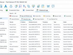 OsMonitor Historical Logs Dashboard: A comprehensive view of the employee activity tracking console, specifically displaying the "Execution Logs" under "App and Window Logs". This granular forensic auditing tool captures a complete chronological timeline of actions taken across Windows workstations. The main data table records crucial auditing metrics including the application remark, local IP address, active Windows account name, precise timestamps, log types, and deep context details. As shown in the active grid, it tracks when a user executed specific applications like EXCEL.EXE or Code.exe, opened sensitive local directories such as "C:\Projects\Q2_Report\", or engaged in work communications via "Microsoft Teams - Daily Meeting" and Zoom. The left-hand panel maintains a well-structured corporate directory tree (Office, Sales, HR, IT, Marketing) for seamless navigation between endpoints. This local-first logging system enables IT managers and compliance officers to reconstruct user activity, investigate insider data leaks, and ensure strict corporate data sovereignty—all while storing records safely on your own on-premise server infrastructure with a transparent, one-time buyout license and zero monthly fees. Learn more at www.os-monitor.com