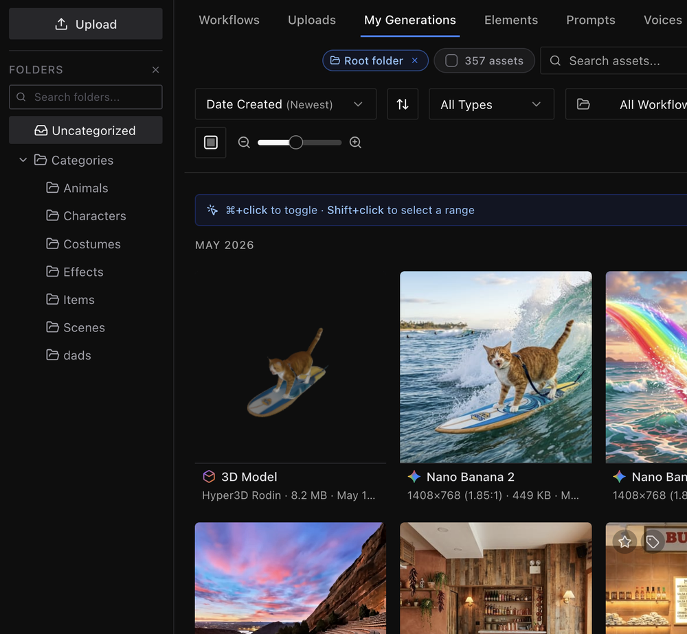 Dark-themed OTOY Studio asset-library interface with navigation tabs, folders, filters, and generated-image thumbnails including cats surfing and landscapes.