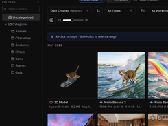 Dark-themed OTOY Studio asset-library interface with navigation tabs, folders, filters, and generated-image thumbnails including cats surfing and landscapes.