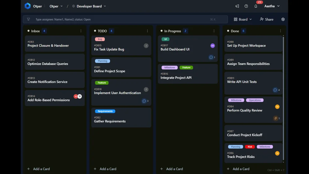 Otper board view - Kanban workspace with list columns and cards