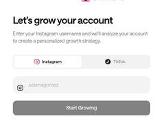 Outfame onboarding screen asking for an Instagram username, with Instagram and TikTok tabs and a “Start Growing” button.
