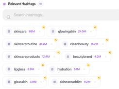 Outfame interface section titled “Relevant Hashtags” showing selected skincare and beauty-related hashtag chips with usage counts.