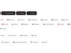 Outfame Locations targeting interface showing selectable countries grouped by region.