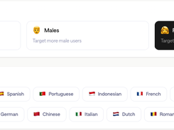 Outfame targeting settings showing gender options and selectable language chips, with Females and English selected.