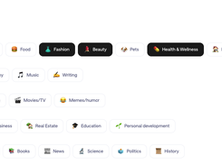 Outfame Topic Targeting interface with selectable interest categories, including Fashion, Beauty, and Health & Wellness selected.