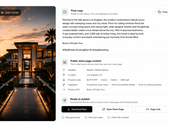 Reels, post copy, and a share page—your complete listing social launch kit in one seamless workflow.