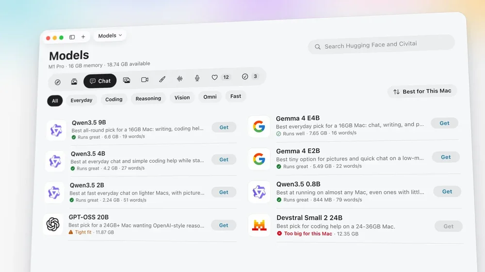 Outmake Models screen listing downloadable AI models, compatibility notes, sizes, speeds, and Get buttons.