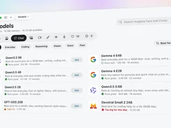 Outmake Models screen listing downloadable AI models, compatibility notes, sizes, speeds, and Get buttons.