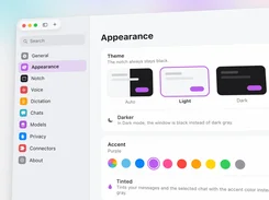 Outmake Appearance settings with theme choices, accent colors, and a sidebar for general, notch, voice, dictation, chats, models, privacy, and connectors.