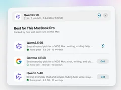 Outmake model recommendations for a MacBook Pro, with download progress for Qwen3.5 9B and Get buttons.