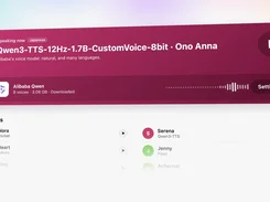 Outmake voice interface showing a Japanese Qwen text-to-speech voice, playback controls, waveform, settings, and a voice list.