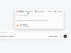 Outmake model-source picker with Claude, ChatGPT, OpenCode, Gemini, and This Mac tabs, plus a chat input below.