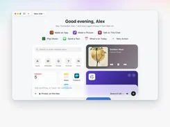 Outmake home screen greeting Alex, with action shortcuts, widgets, and a chat input field.
