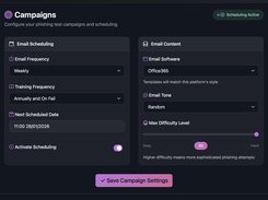 Configure recurring tests, training frequency, email style and difficulty.