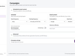 Current campaign scheduling: configure test and training frequency, email platform, tone and maximum difficulty. Demo scheduling is paused.