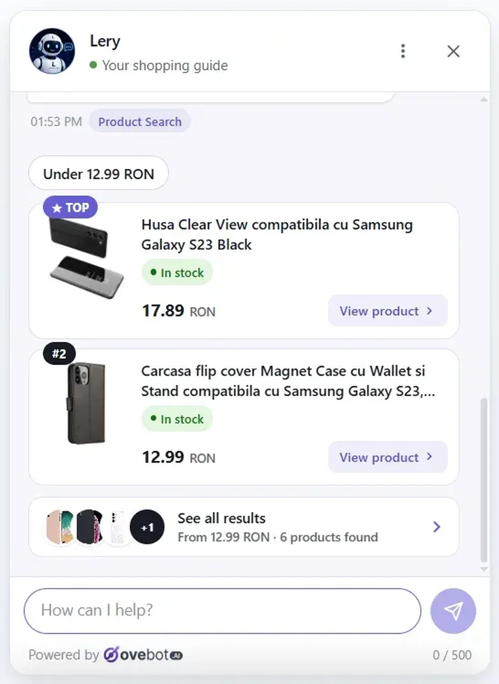 Ovebot shopping-chat widget showing a product search for Samsung Galaxy S23 accessories, ranked product cards, prices in RON, stock labels, and a message input field.