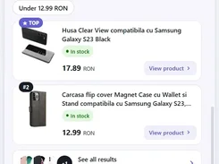 Ovebot shopping-chat widget showing a product search for Samsung Galaxy S23 accessories, ranked product cards, prices in RON, stock labels, and a message input field.