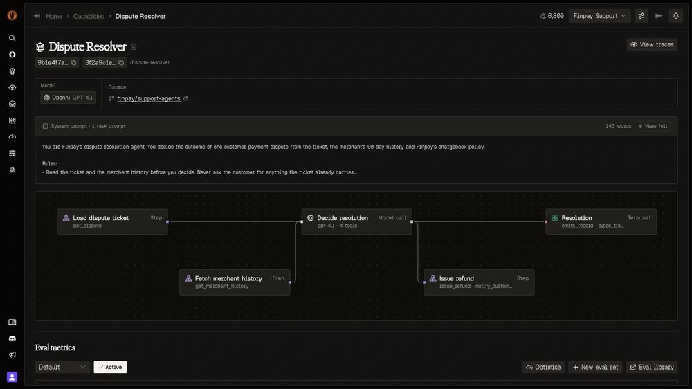 Overmind Dispute Resolver capability page with a system prompt and a workflow that loads a dispute ticket, fetches merchant history, calls a model, issues a refund, and returns a resolution.