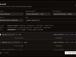 Train model dialog for the Dispute Resolver capability, with training and evaluation dataset selectors, grading criteria, model choices, estimated cost, and a Start training button.