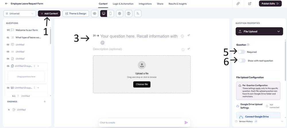 Ovoform form builder editing a file-upload question, with question properties and Google Drive upload settings visible.