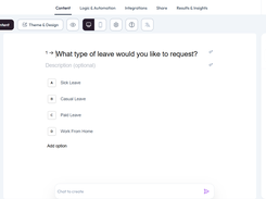 Ovoform form builder editing a multiple-choice leave-request question with answer options and question properties.