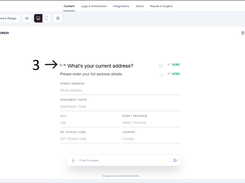 Ovoform form builder editing an Address question with street, apartment, city, state, postal code, and country fields.