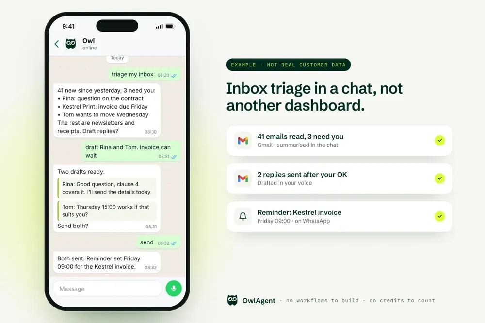 OwlAgent promotional graphic showing a phone-framed WhatsApp inbox-triage conversation alongside Gmail and reminder completion cards.