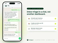 OwlAgent promotional graphic showing a phone-framed WhatsApp inbox-triage conversation alongside Gmail and reminder completion cards.