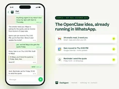 OwlAgent promotional graphic showing a phone-framed WhatsApp conversation about email and calendar tasks alongside three completed-task cards.