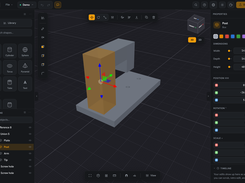 Every dimension is an exact value in millimeters. Parts combine with union and difference, and each one stays editable in the scene tree.