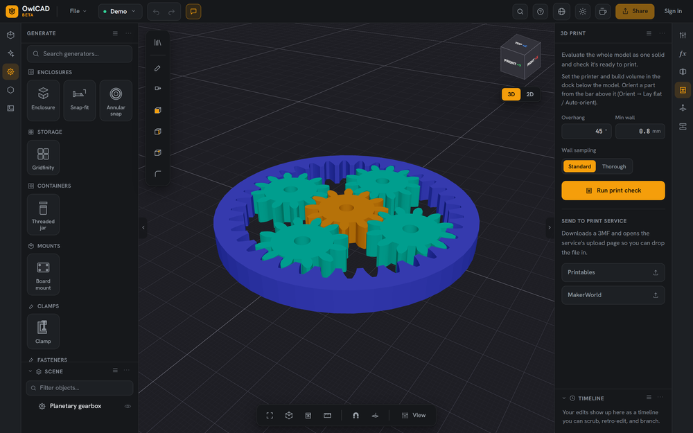 A planetary gearbox from the built-in generator, with the 3D Print panel ready to check it or send a 3MF to Printables or MakerWorld.
