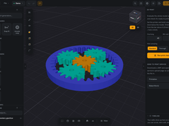 A planetary gearbox from the built-in generator, with the 3D Print panel ready to check it or send a 3MF to Printables or MakerWorld.
