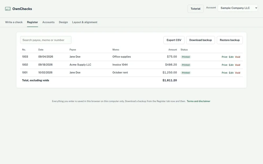 OwnChecks check register with search, CSV export, backup, and printed-check entries.