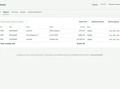 OwnChecks check register with search, CSV export, backup, and printed-check entries.