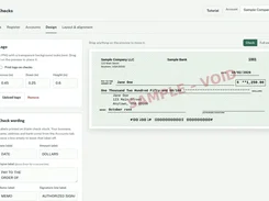 OwnChecks check-design editor with a sample check preview and logo controls.
