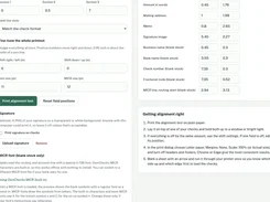 OwnChecks print-alignment controls, signature upload option, and alignment instructions.